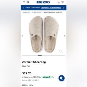 Birkenstock Zermatt Shearling Wool Slipper Size 9-9.5 (40) Color Ecru